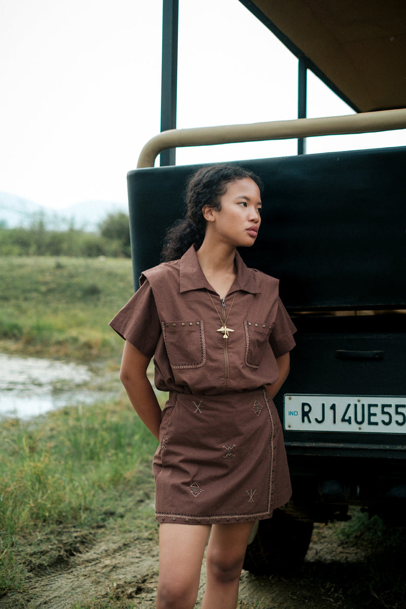 Rover divider shorts Crushed Cotton short by The Terra Tribe in brown for women in Singapore