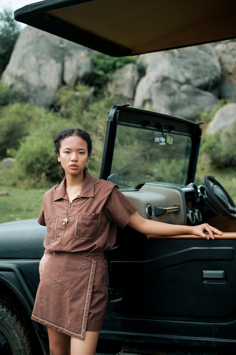 Rover divider shorts Crushed Cotton short by The Terra Tribe in brown for women in Singapore