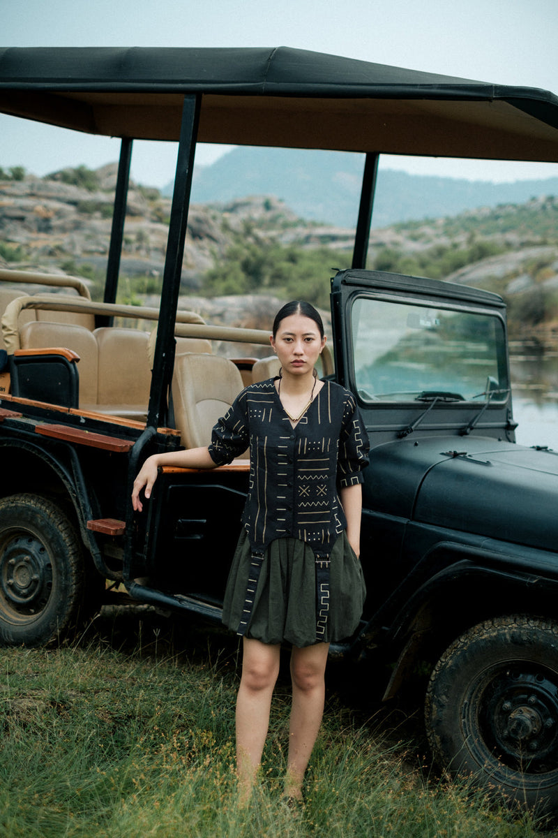 Masai Printed vest Crushed Cotton jacket/overlay by The Terra Tribe in black for women in Singapore