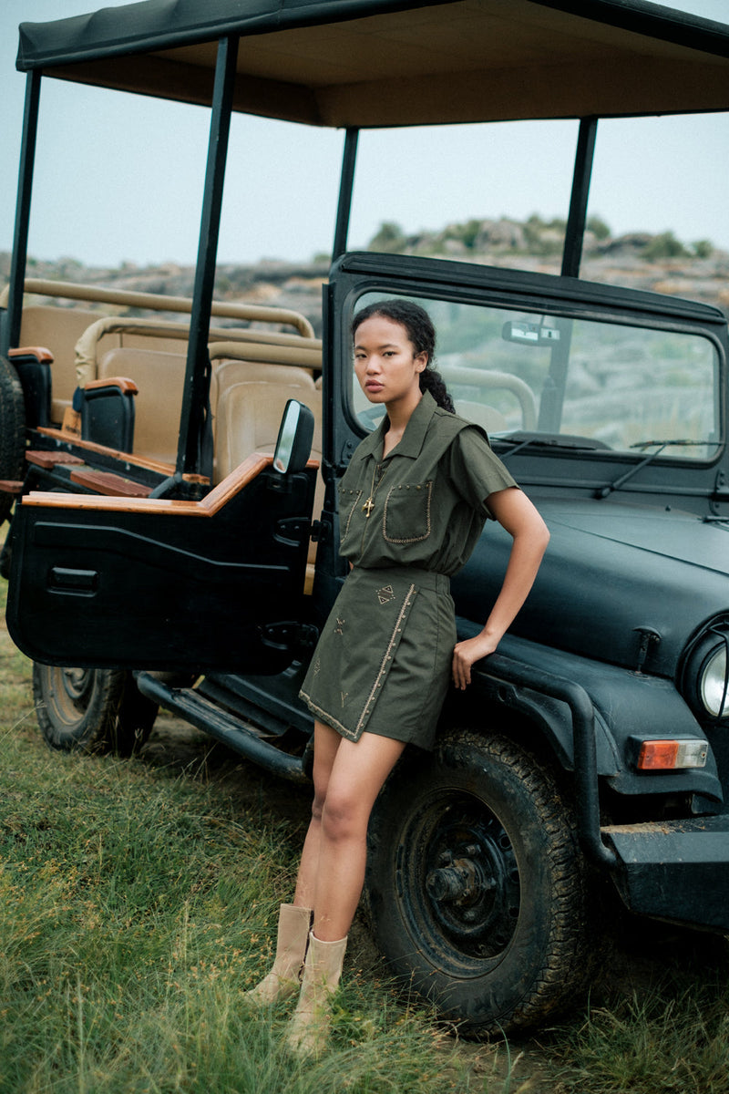 Corbett half sleeve emb shirt Crushed Cotton top/shirt by The Terra Tribe in brown for women in Singapore