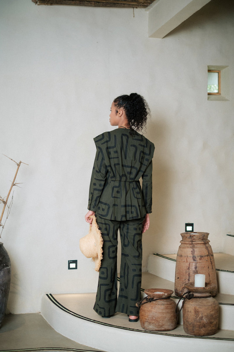 Handwoven Sailor Flared Pants Crushed Cotton pant/trouser by The Terra Tribe in green for women in Singapore