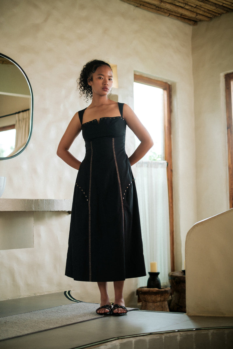 Kaza slip dress long Crushed Cotton dress by The Terra Tribe in black for women in Singapore