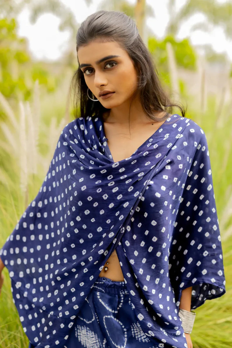 MOD DOTS TWIST TOP-BLUE silk by Dyelogue in blue color for women in Singapore
