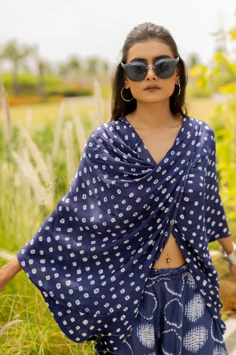 MOD DOTS TWIST TOP-BLUE silk by Dyelogue in blue color for women in Singapore
