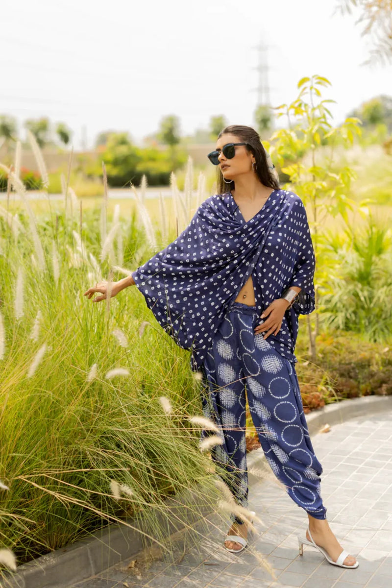 MOD DOTS TWIST TOP-BLUE silk by Dyelogue in blue color for women in Singapore