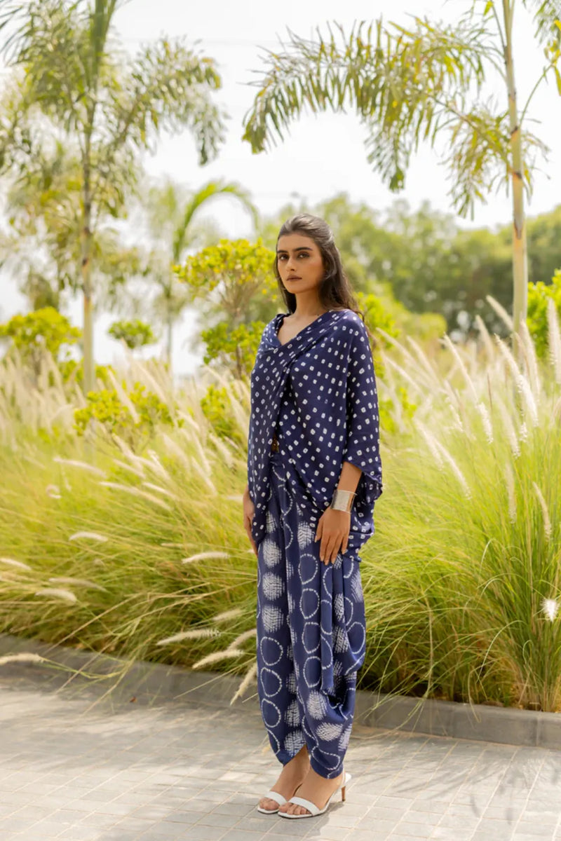 MOD DOTS TWIST TOP-BLUE silk by Dyelogue in blue color for women in Singapore
