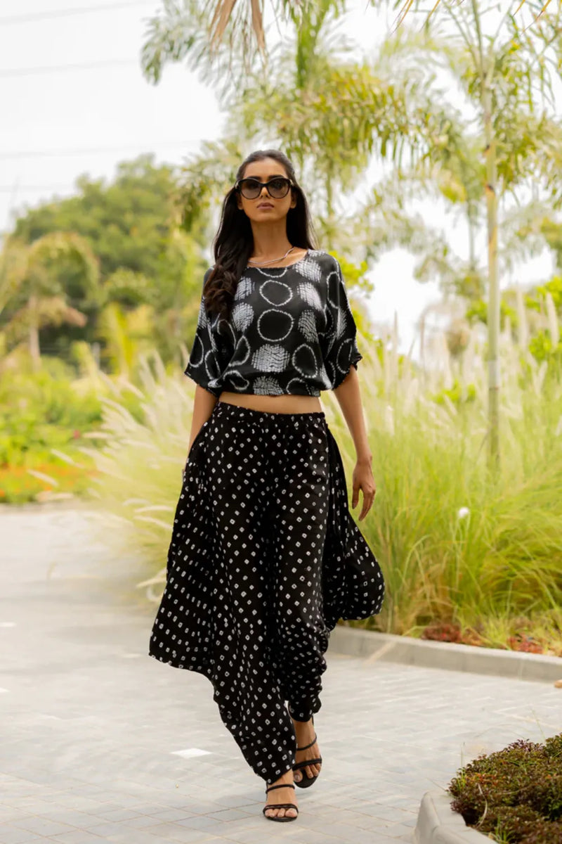 MOD DOTS WRAP DHOTI-BLACK silk by Dyelogue in black color for women in Singapore