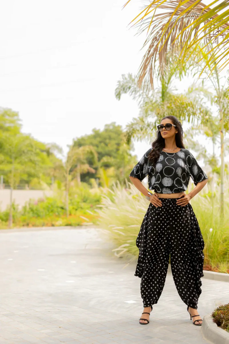 MOD DOTS WRAP DHOTI-BLACK silk by Dyelogue in black color for women in Singapore