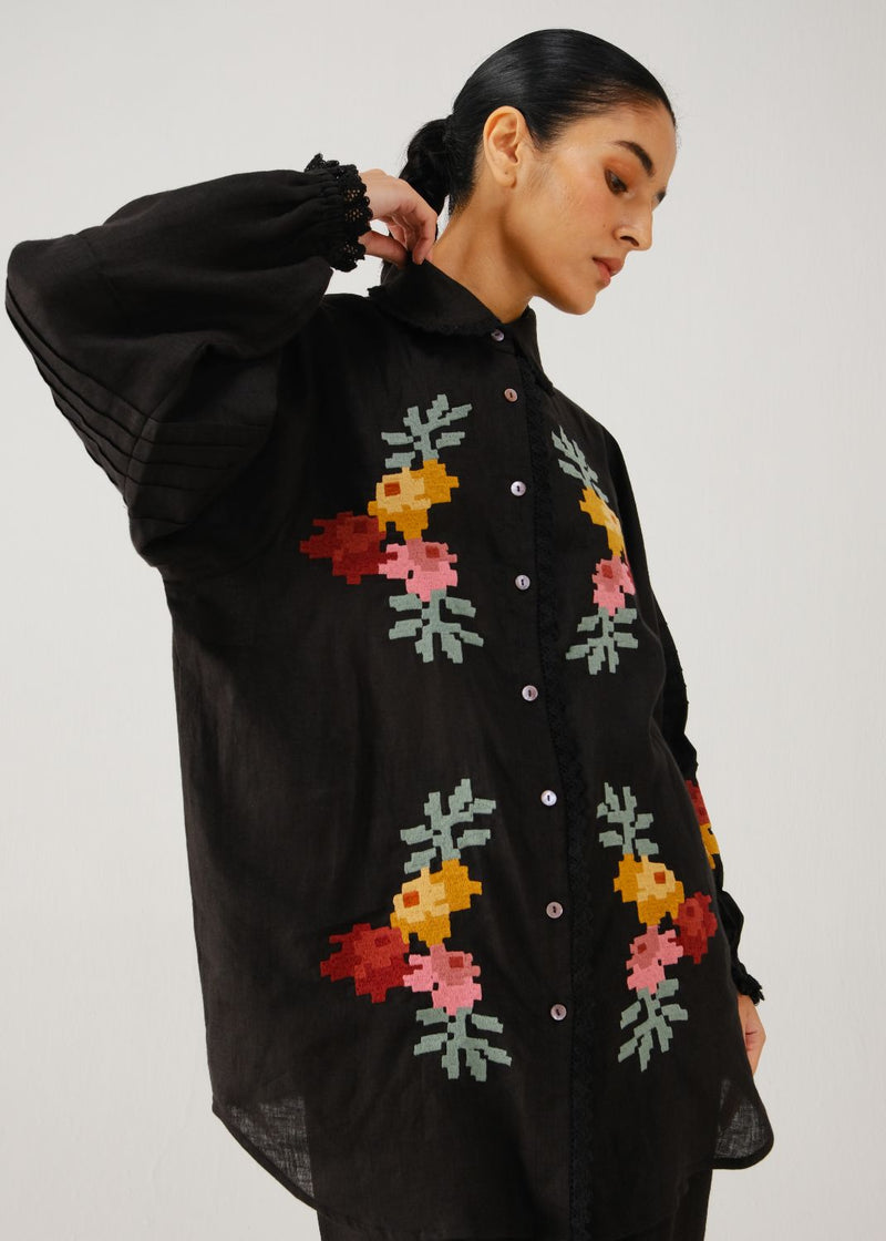 Moira shirt-Black pixel emb. linen by CORD for women in Singapore