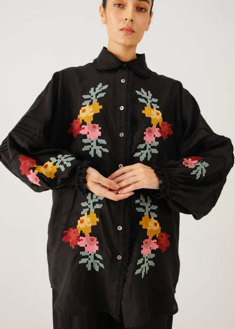 Moira shirt-Black pixel emb. linen by CORD for women in Singapore