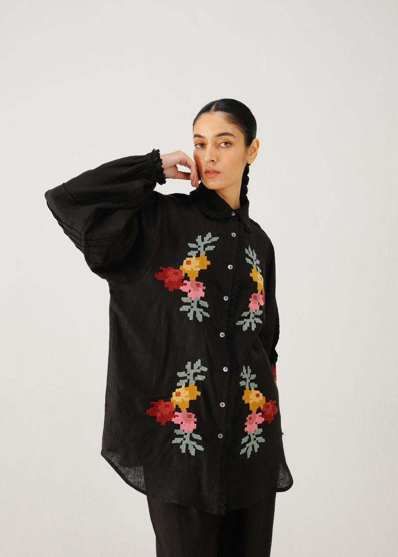 Moira shirt-Black pixel emb. linen by CORD for women in Singapore