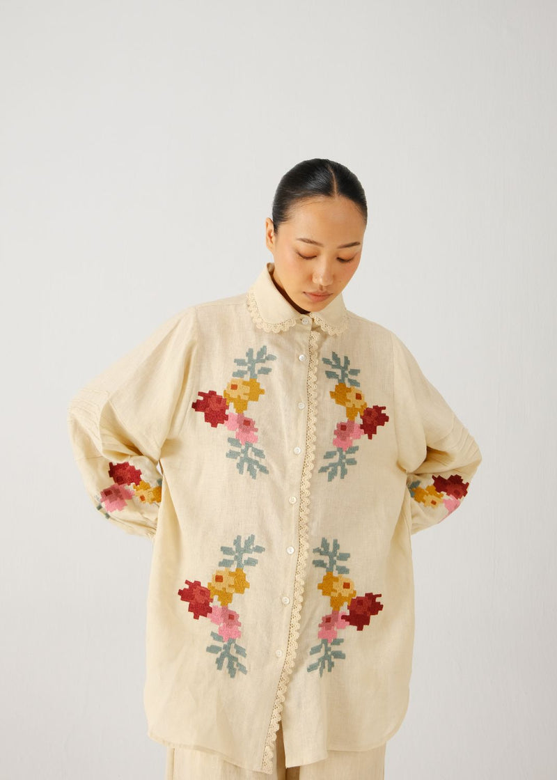 Moira shirt-Ivory pixel emb. linen by CORD for women in Singapore