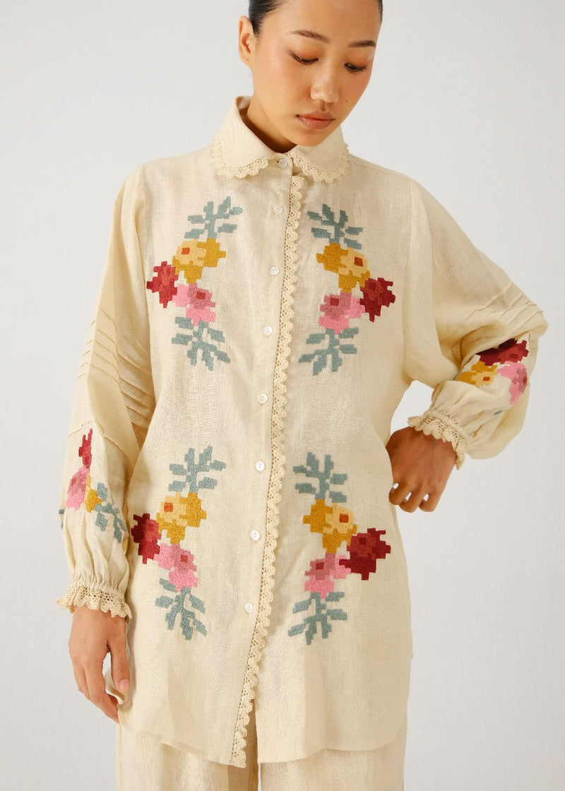 Moira shirt-Ivory pixel emb. linen by CORD for women in Singapore