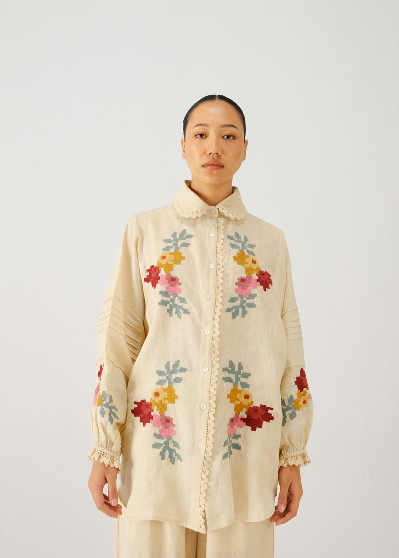 Moira shirt-Ivory pixel emb. linen by CORD for women in Singapore