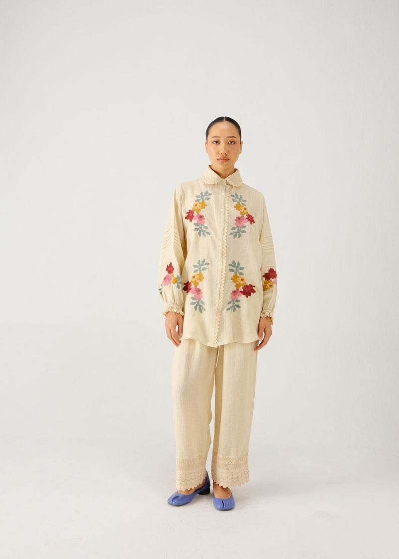 Moira shirt-Ivory pixel emb. linen by CORD for women in Singapore