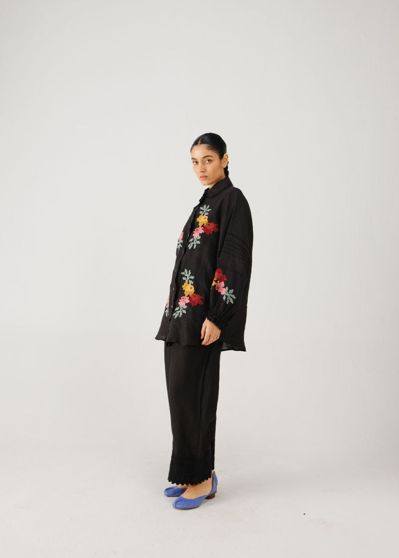 Moira set-Black pixel emb. linen by CORD for women in Singapore