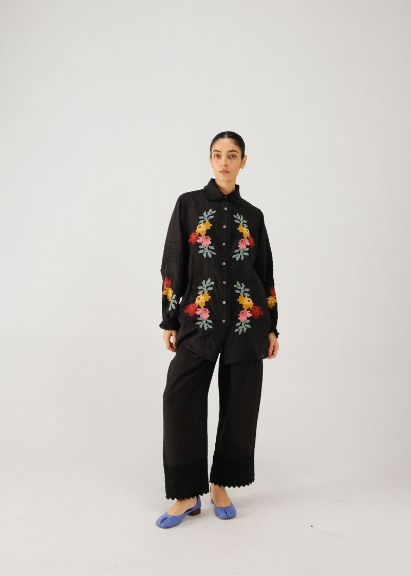 Moira set-Black pixel emb. linen by CORD for women in Singapore