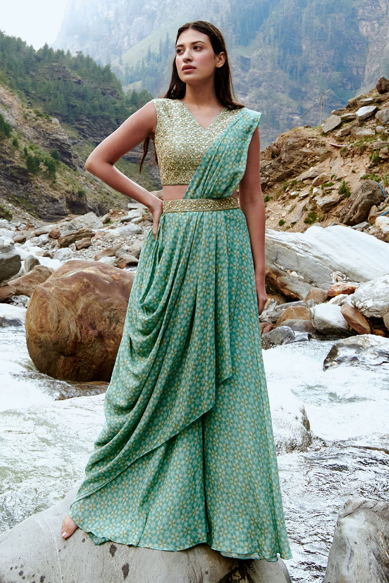 Monica Saree Set crepe by Paulmi & Harsh-kahan Sep'26 in blue for women in Singapore