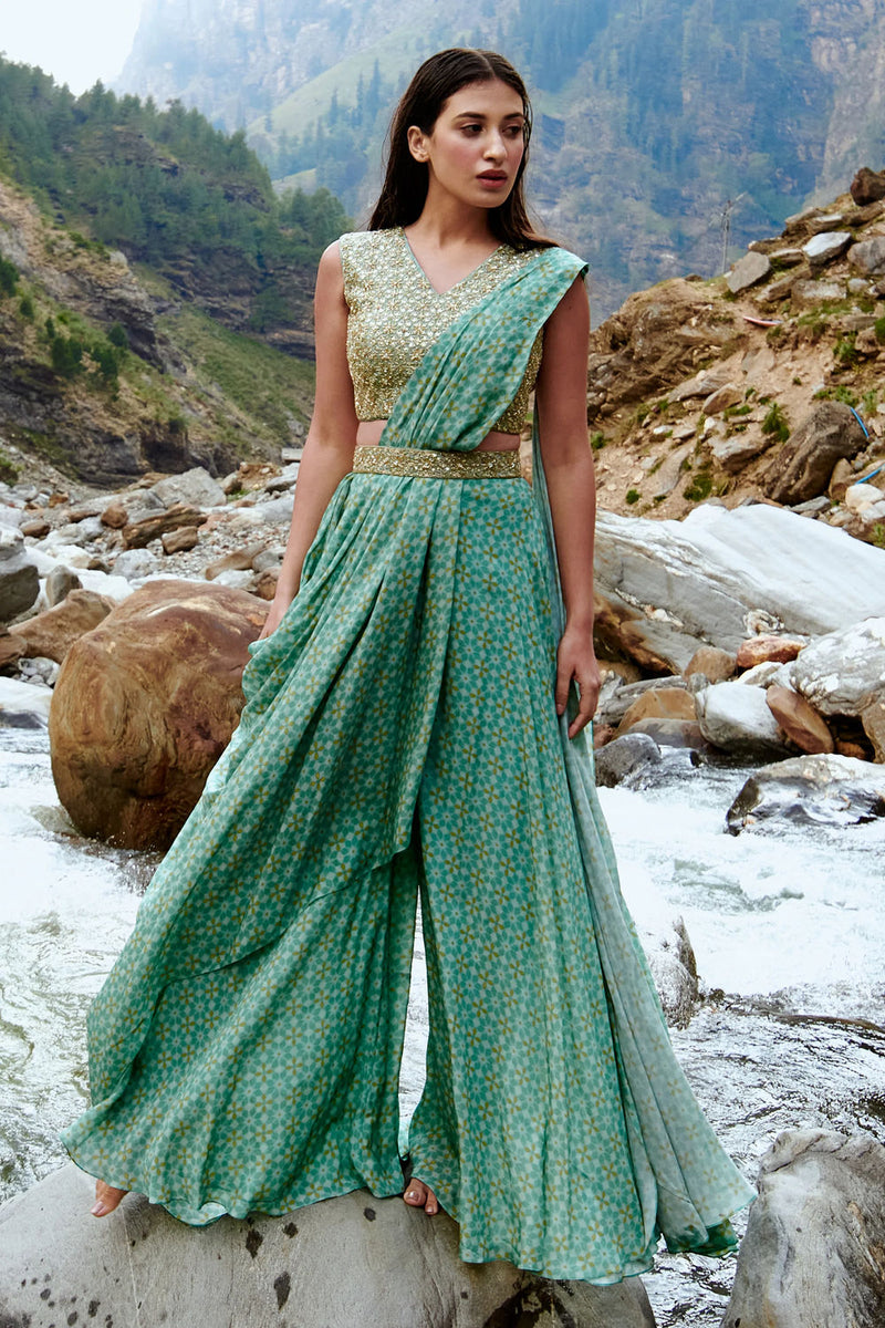 Monica Saree Set crepe by Paulmi & Harsh-kahan Sep'26 in blue for women in Singapore