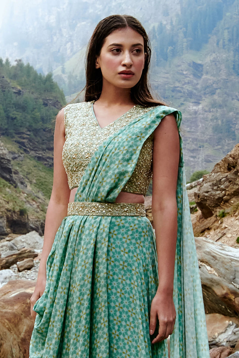 Monica Saree Set crepe by Paulmi & Harsh-kahan Sep'26 in blue for women in Singapore