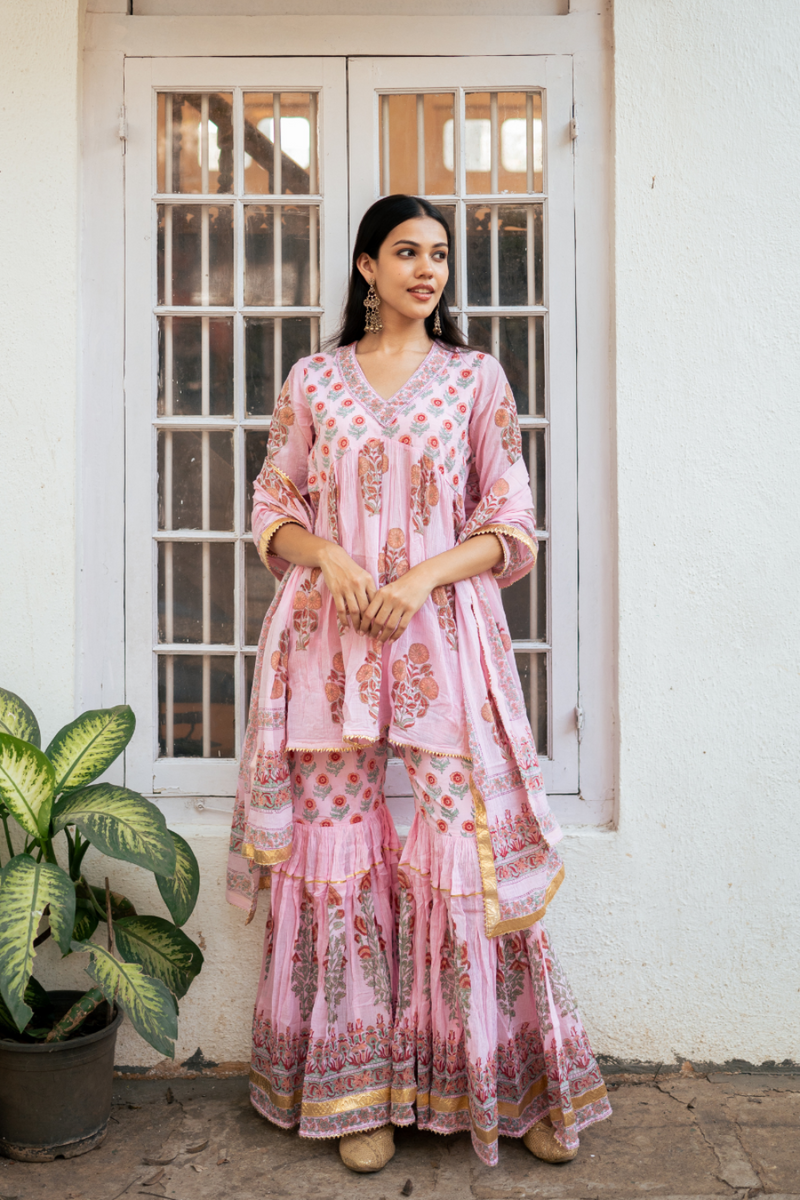 Pink Block Printed Short Kurta Set cotton Buy Pink Block Printed Short Kurta Set from C&W | Kurta/Kurta Sets for Women by Maison Shefali in pink color for women in Singapore