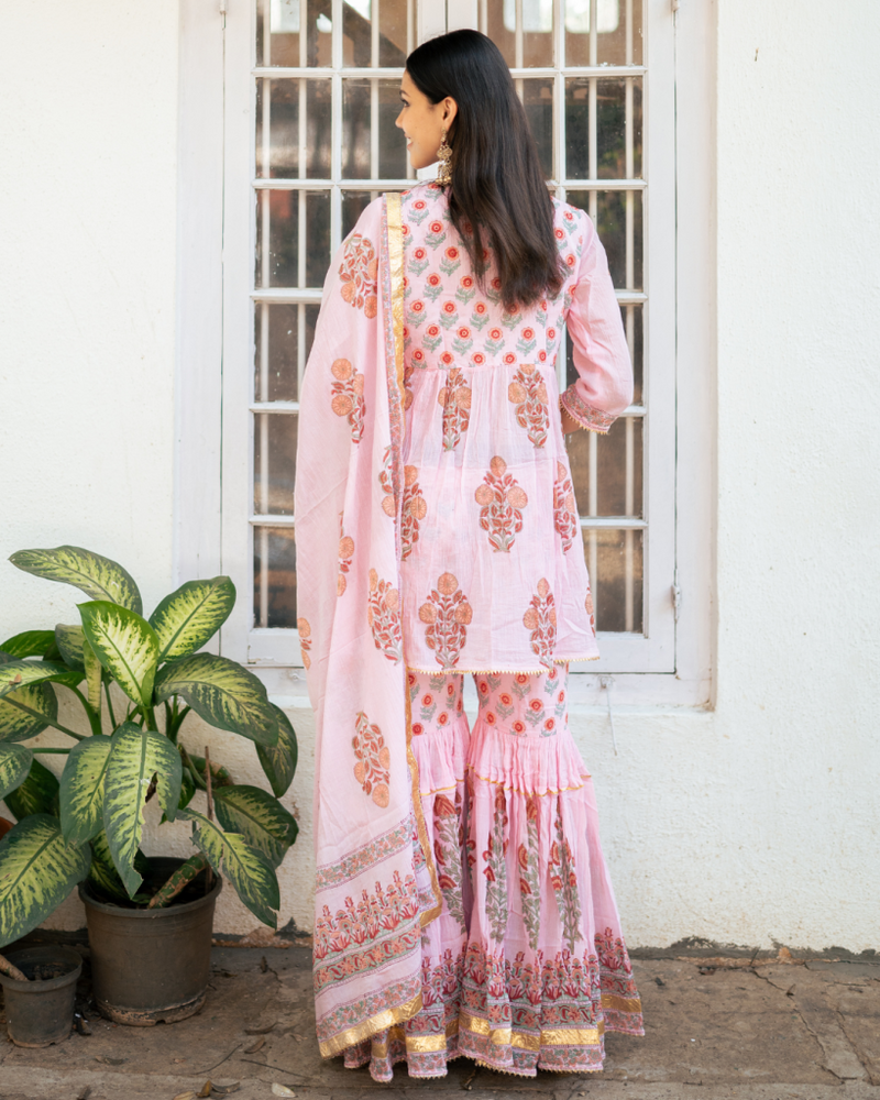 Pink Block Printed Short Kurta Set cotton Buy Pink Block Printed Short Kurta Set from C&W | Kurta/Kurta Sets for Women by Maison Shefali in pink color for women in Singapore