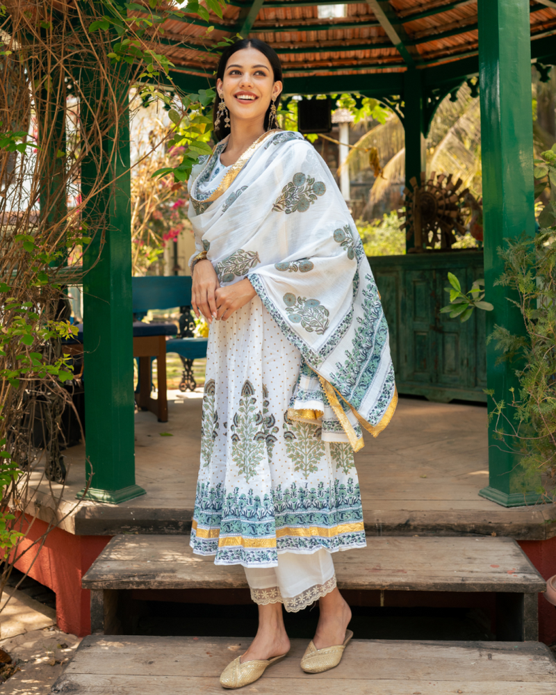 Mughal Blue Boota Anarkali Set cotton Buy Mughal Blue Boota Anarkali Set from C&W | Kurta/Kurta Sets for Women by Maison Shefali in blue color for women in Singapore