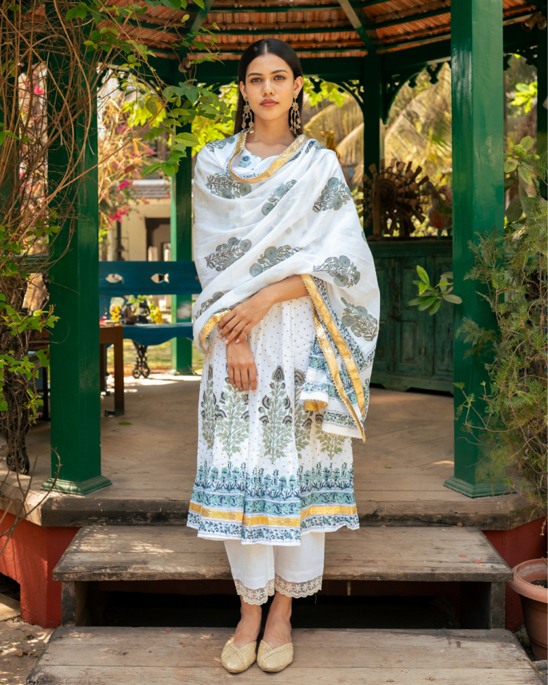 Mughal Blue Boota Anarkali Set cotton Buy Mughal Blue Boota Anarkali Set from C&W | Kurta/Kurta Sets for Women by Maison Shefali in blue color for women in Singapore