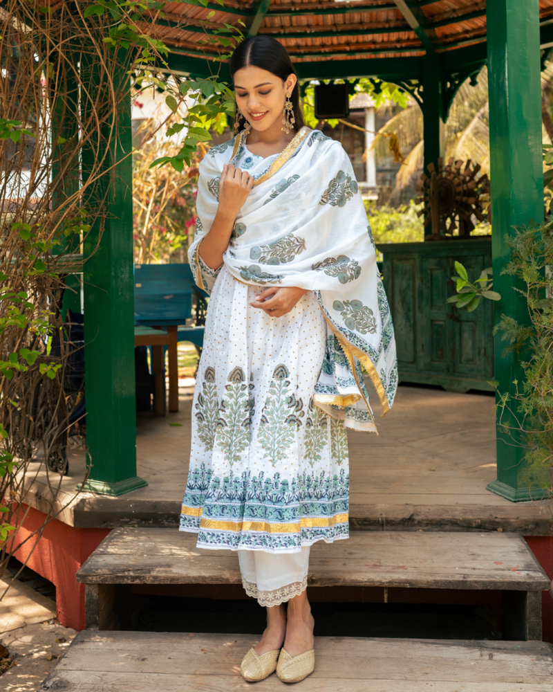 Mughal Blue Boota Anarkali Set cotton Buy Mughal Blue Boota Anarkali Set from C&W | Kurta/Kurta Sets for Women by Maison Shefali in blue color for women in Singapore