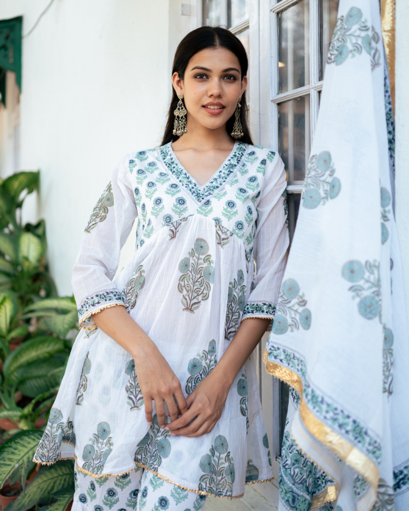 Blue Block Printed Short Kurta Set cotton Buy Blue Block Printed Short Kurta Set from C&W | Kurta/Kurta Sets for Women by Maison Shefali in blue color for women in Singapore