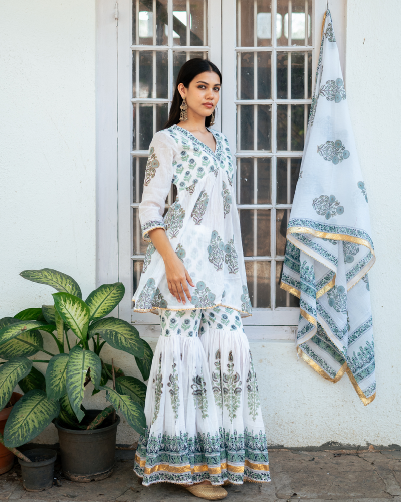 Blue Block Printed Short Kurta Set cotton Buy Blue Block Printed Short Kurta Set from C&W | Kurta/Kurta Sets for Women by Maison Shefali in blue color for women in Singapore