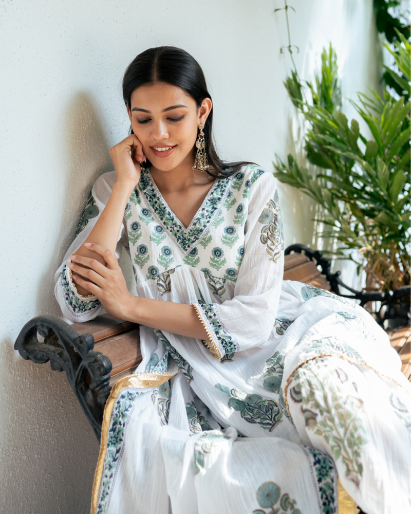 Blue Block Printed Short Kurta Set cotton Buy Blue Block Printed Short Kurta Set from C&W | Kurta/Kurta Sets for Women by Maison Shefali in blue color for women in Singapore