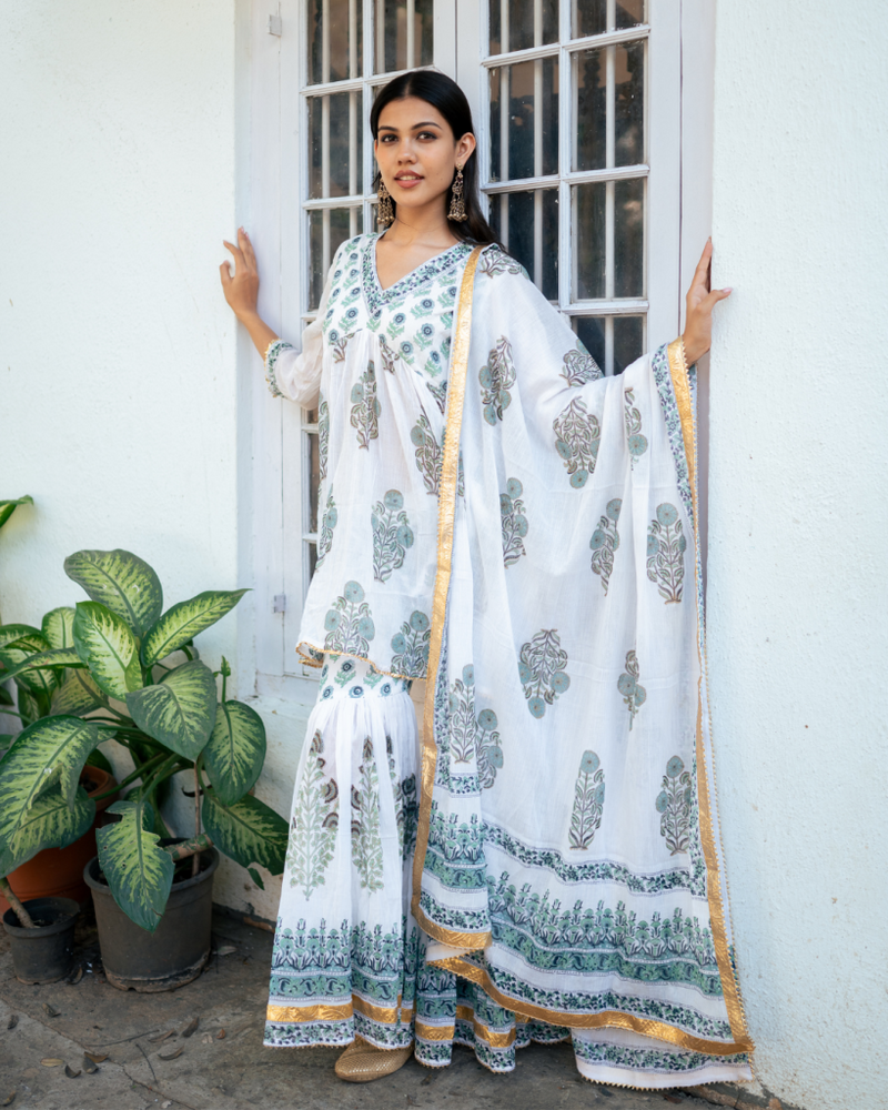 Blue Block Printed Short Kurta Set cotton Buy Blue Block Printed Short Kurta Set from C&W | Kurta/Kurta Sets for Women by Maison Shefali in blue color for women in Singapore