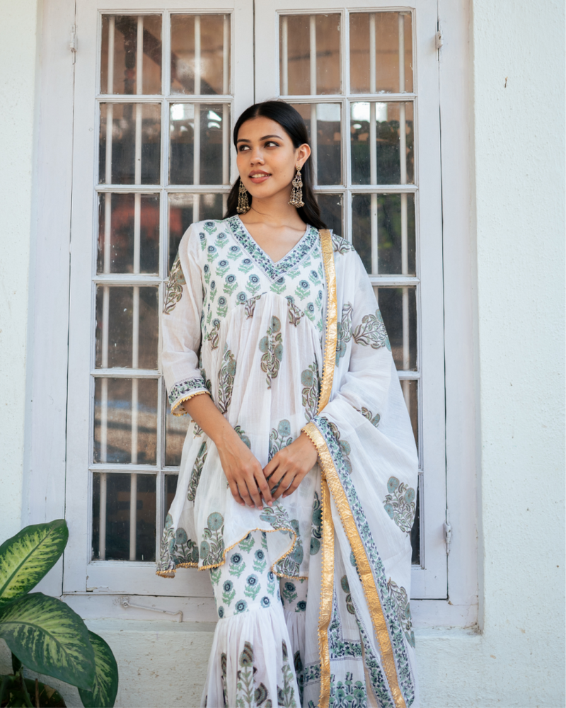 Blue Block Printed Short Kurta Set cotton Buy Blue Block Printed Short Kurta Set from C&W | Kurta/Kurta Sets for Women by Maison Shefali in blue color for women in Singapore