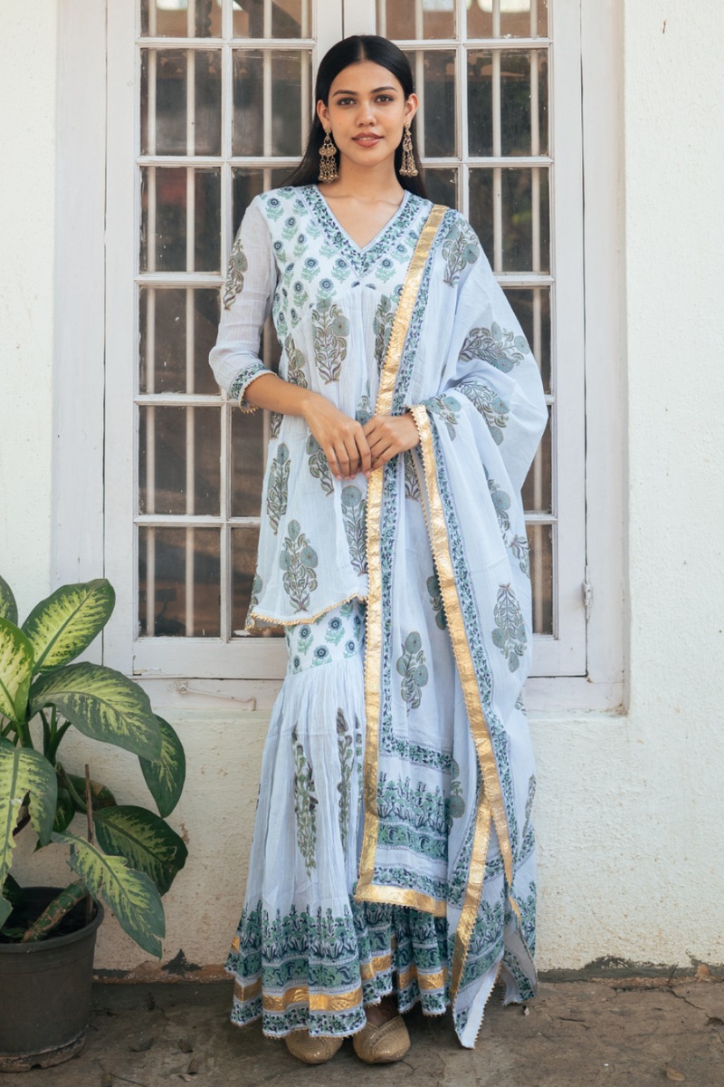 Mughal Powder Blue Boota Anarkali Set cotton Buy Mughal Powder Blue Boota Anarkali Set from C&W | Kurta/Kurta Sets for Women by Maison Shefali in blue color for women in Singapore
