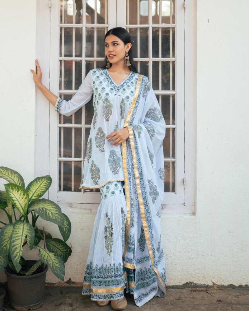 Mughal Powder Blue Boota Anarkali Set cotton Buy Mughal Powder Blue Boota Anarkali Set from C&W | Kurta/Kurta Sets for Women by Maison Shefali in blue color for women in Singapore