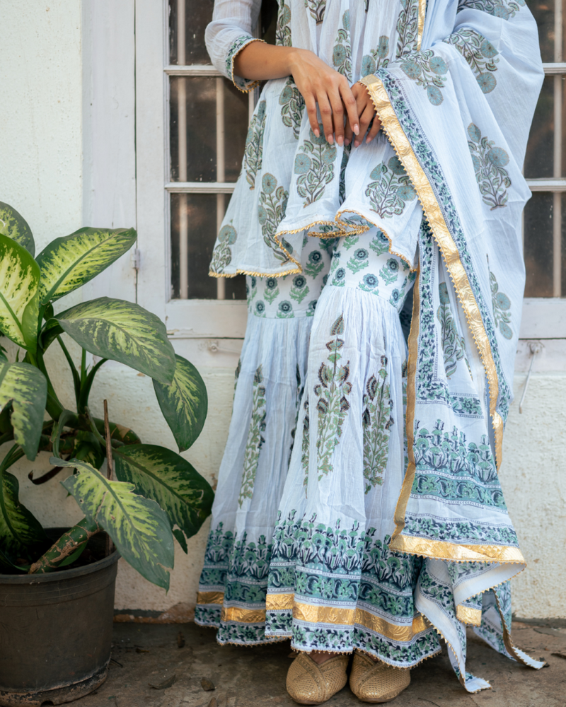 Mughal Powder Blue Boota Anarkali Set cotton Buy Mughal Powder Blue Boota Anarkali Set from C&W | Kurta/Kurta Sets for Women by Maison Shefali in blue color for women in Singapore