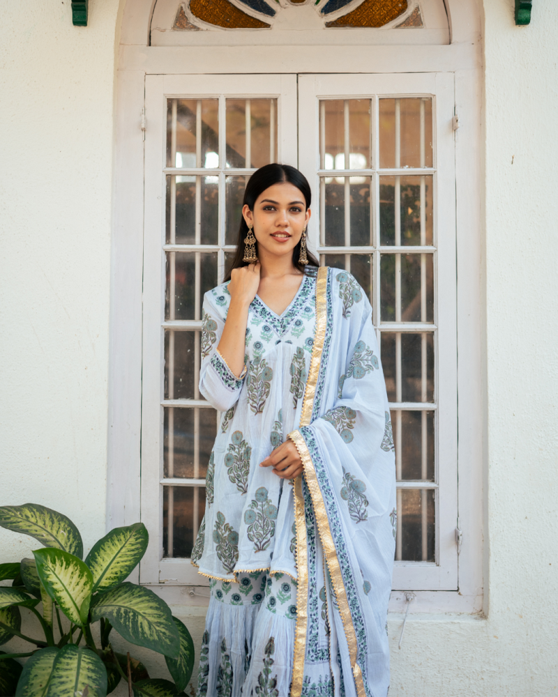 Mughal Powder Blue Boota Anarkali Set cotton Buy Mughal Powder Blue Boota Anarkali Set from C&W | Kurta/Kurta Sets for Women by Maison Shefali in blue color for women in Singapore