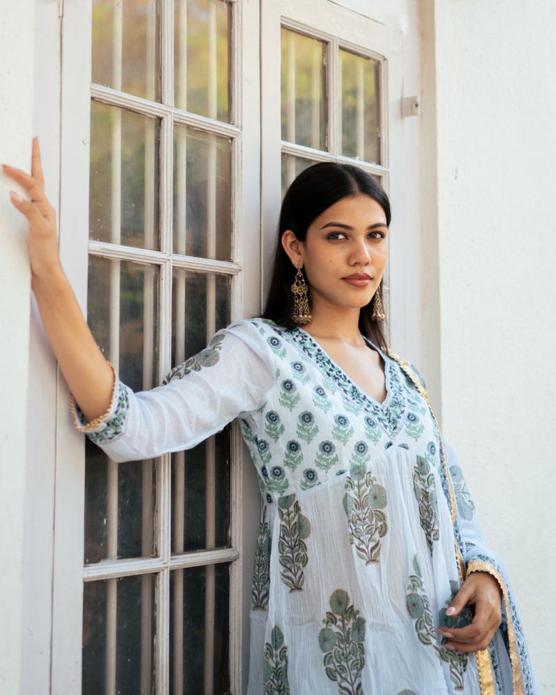 Powder Blue Block Printed Sharara Set cotton Buy Powder Blue Block Printed Sharara Set from C&W | Kurta/Kurta Sets for Women by Maison Shefali in blue color for women in Singapore