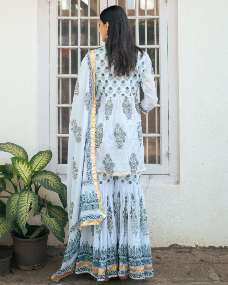 Powder Blue Block Printed Sharara Set cotton Buy Powder Blue Block Printed Sharara Set from C&W | Kurta/Kurta Sets for Women by Maison Shefali in blue color for women in Singapore
