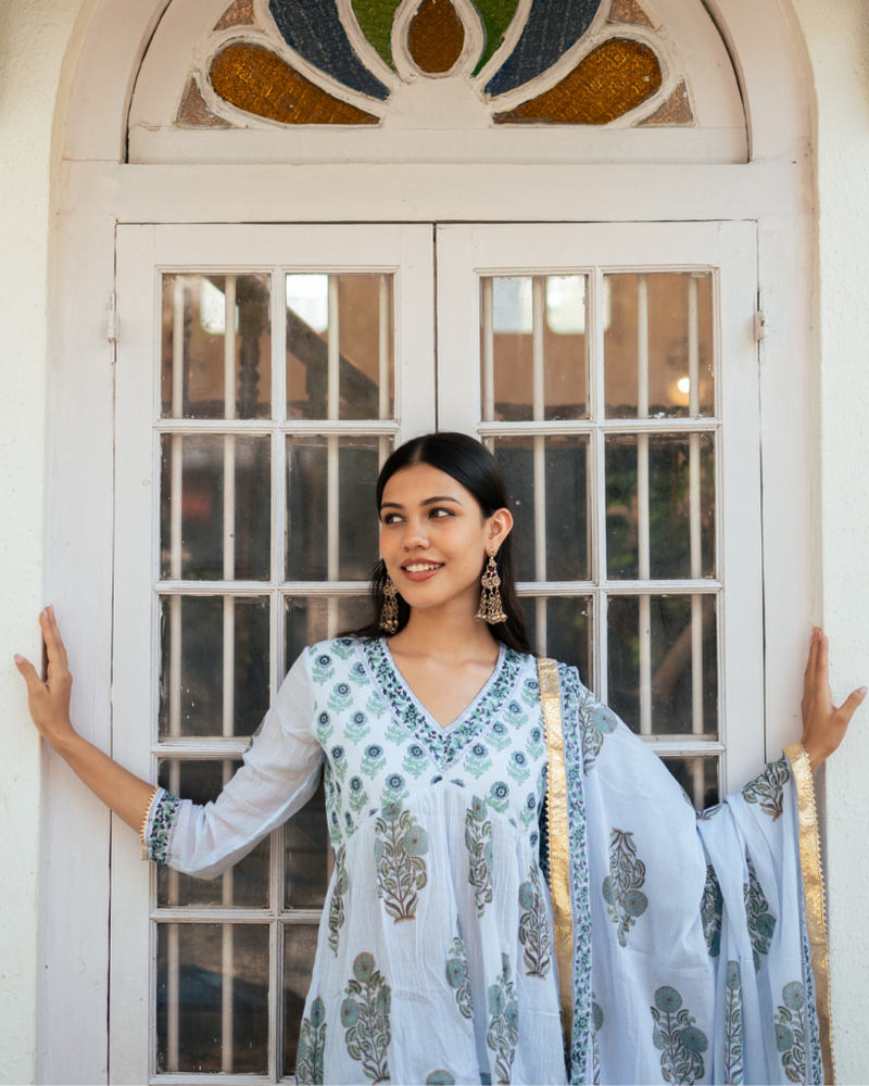 Mughal Powder Blue Boota Anarkali Set cotton Buy Mughal Powder Blue Boota Anarkali Set from C&W | Kurta/Kurta Sets for Women by Maison Shefali in blue color for women in Singapore