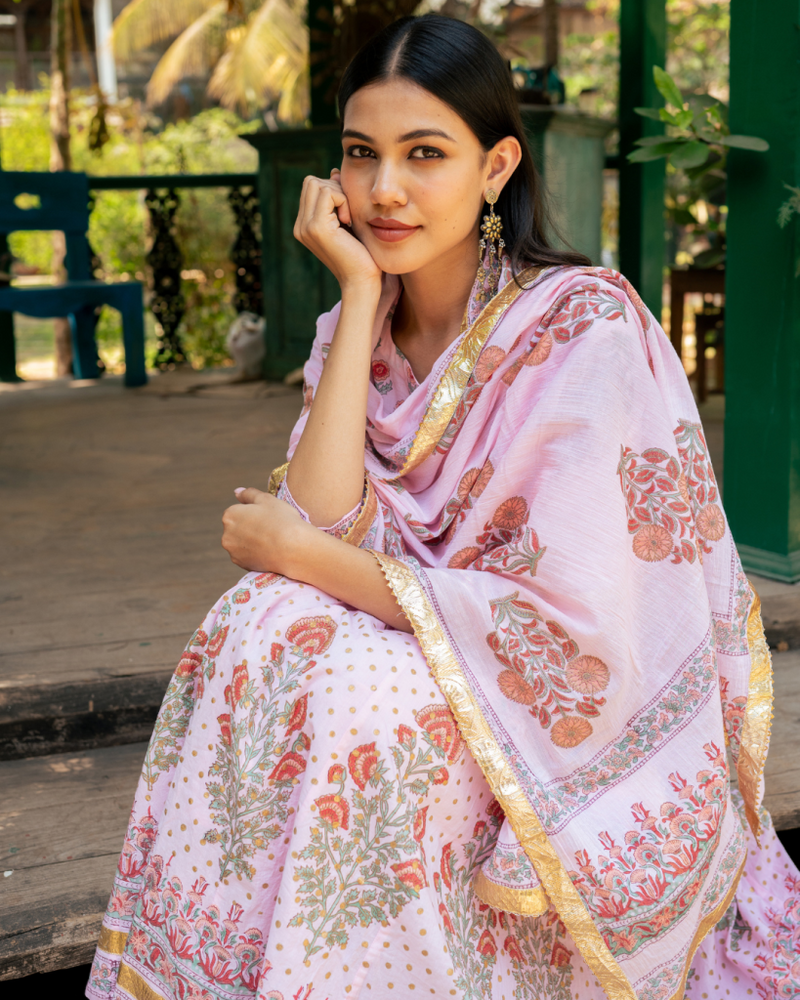 Mughal Pink Boota Anarkali Set cotton Buy Mughal Pink Boota Anarkali Set from C&W | Kurta/Kurta Sets for Women by Maison Shefali in pink color for women in Singapore