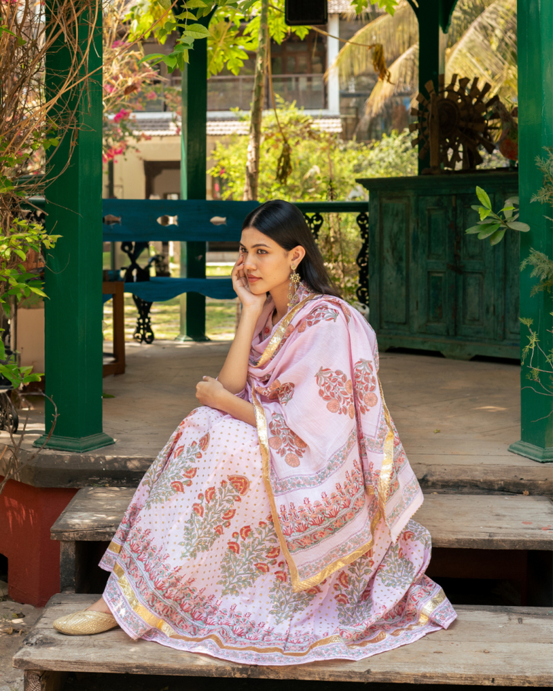 Mughal Pink Boota Anarkali Set cotton Buy Mughal Pink Boota Anarkali Set from C&W | Kurta/Kurta Sets for Women by Maison Shefali in pink color for women in Singapore