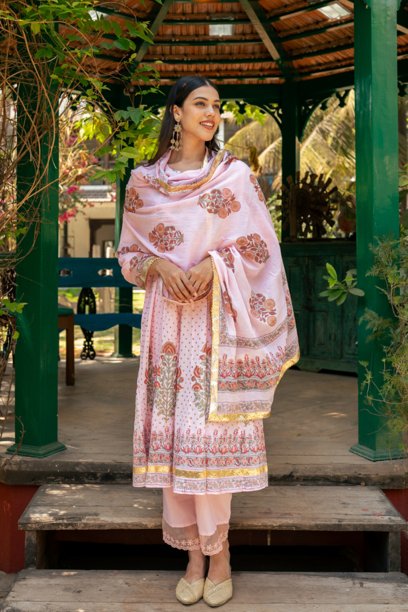Mughal Pink Boota Anarkali Set cotton Buy Mughal Pink Boota Anarkali Set from C&W | Kurta/Kurta Sets for Women by Maison Shefali in pink color for women in Singapore