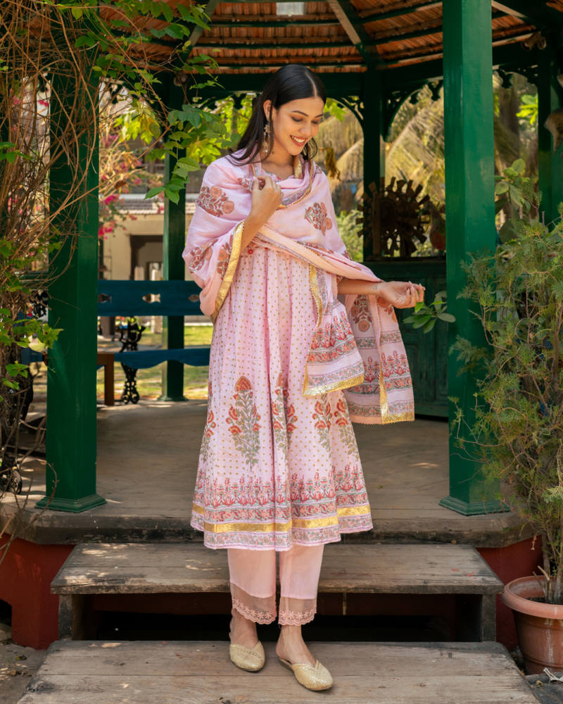 Mughal Pink Boota Anarkali Set cotton Buy Mughal Pink Boota Anarkali Set from C&W | Kurta/Kurta Sets for Women by Maison Shefali in pink color for women in Singapore
