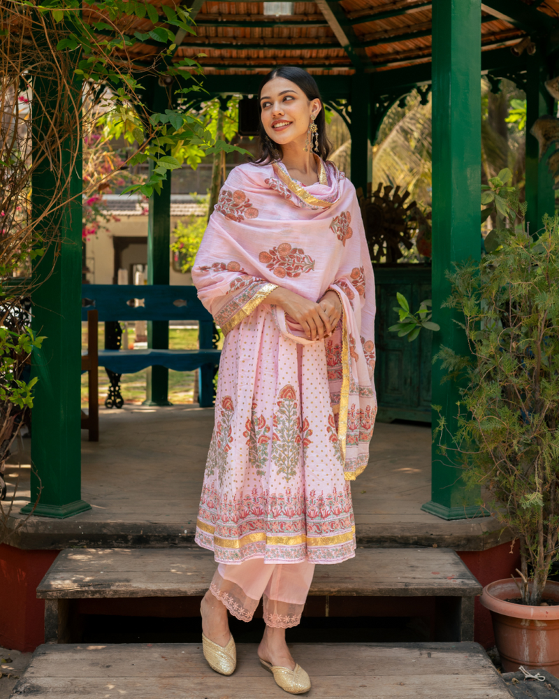 Mughal Pink Boota Anarkali Set cotton Buy Mughal Pink Boota Anarkali Set from C&W | Kurta/Kurta Sets for Women by Maison Shefali in pink color for women in Singapore