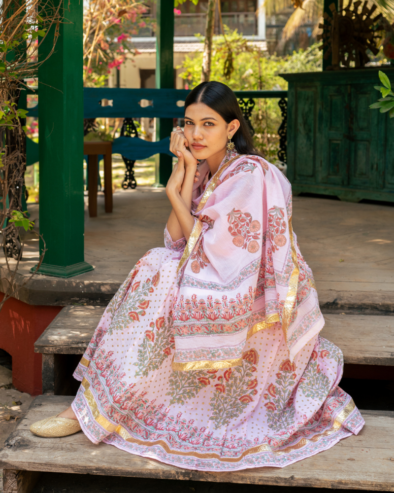 Mughal Pink Boota Anarkali Set cotton Buy Mughal Pink Boota Anarkali Set from C&W | Kurta/Kurta Sets for Women by Maison Shefali in pink color for women in Singapore