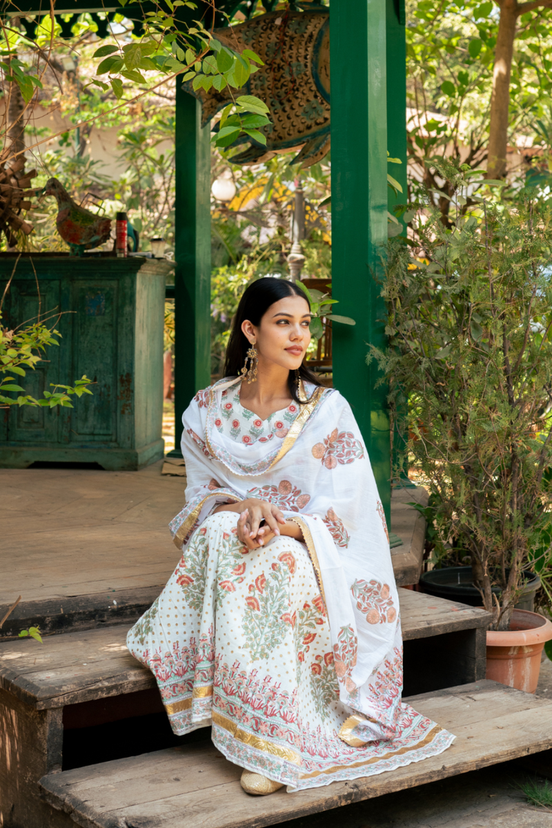 Mughal Peach Boota Anarkali Set cotton Buy Mughal Peach Boota Anarkali Set from C&W | Kurta/Kurta Sets for Women by Maison Shefali in peach color for women in Singapore