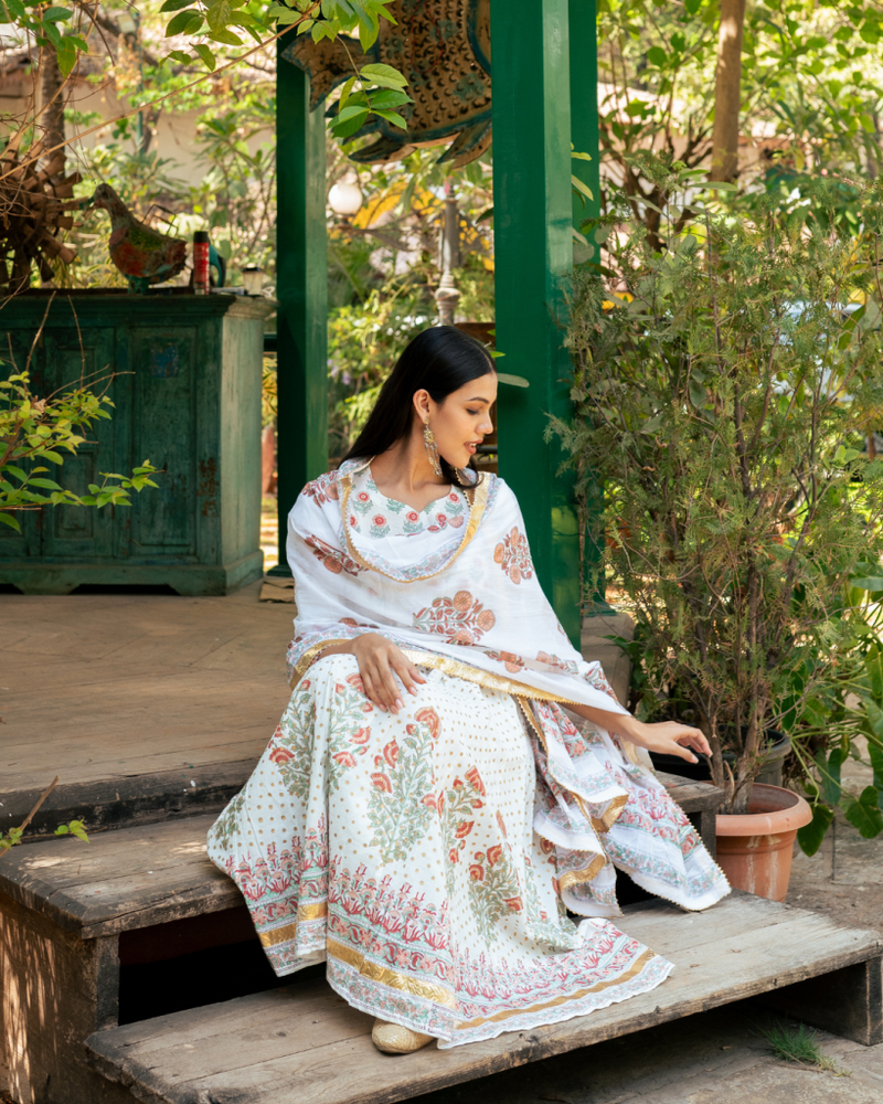 Mughal Peach Boota Anarkali Set cotton Buy Mughal Peach Boota Anarkali Set from C&W | Kurta/Kurta Sets for Women by Maison Shefali in peach color for women in Singapore