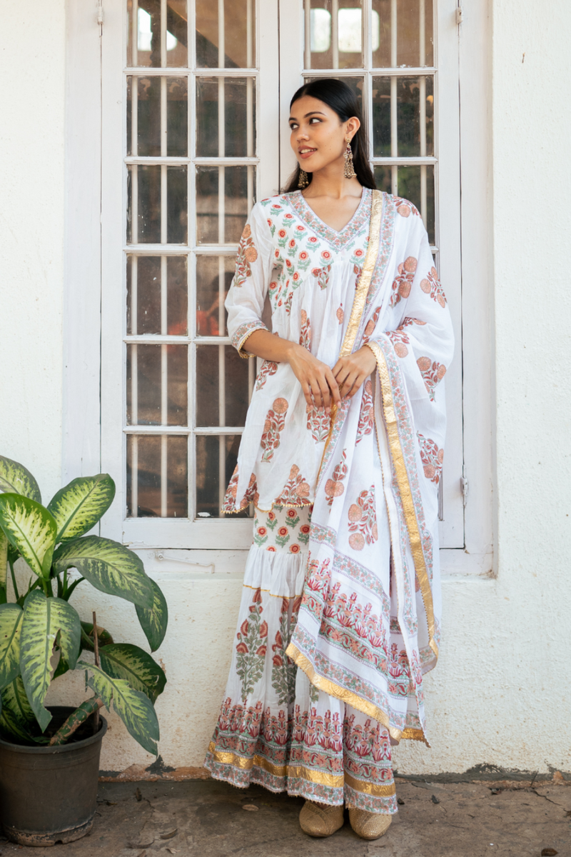 Peach Block Printed Sharara Set cotton Buy Peach Block Printed Sharara Set from C&W | Kurta/Kurta Sets for Women by Maison Shefali in peach color for women in Singapore